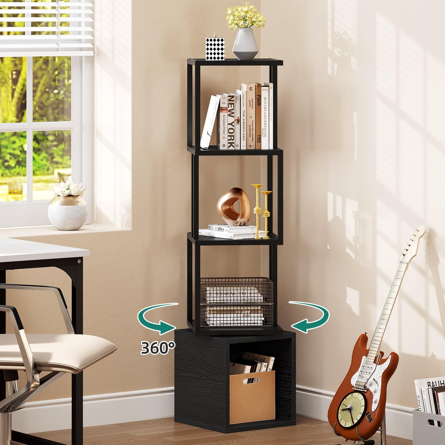 YITAHOME 4-Tier Rotating Bookshelf 360 Display Floor Standing Bookcase for Small Spaces Industrial Narrow Shelf Organizer Storage Rack for Bedroom, Living Room, Study Room,Black