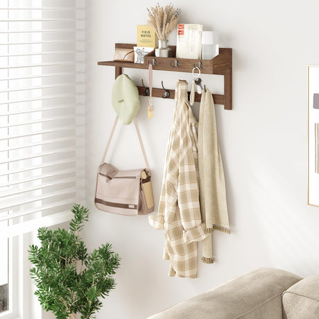 AMBIRD Wall Hooks with Shelf 26.57inch Entryway Wall Hanging Shelf Wood Coat Hooks for Wall with Shelf Coat Rack Wall Mount Rack with 5 Dual Hooks 3 Key Hooks Mail Organizer and Key Rack Key Holder AMBIRD