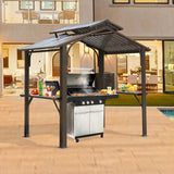 Domi 8x5FT Hardtop Grill Gazebo, Outdoor BBQ Gazebo with 2 Side Shelves and Ceiling Hook, Metal Grill Canopy with Galvanized Steel Double Roof for Patio Lawn Patio Backyard Deck, Brown domi outdoor living