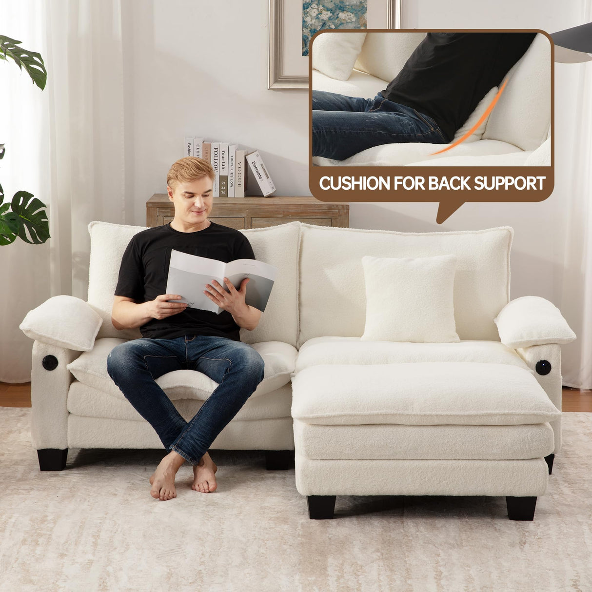 DURASPACE Modular Sectional Sofa L Shaped Cloud Couch with USB, Side Pocket, 76.8’’ Loveseat with Movable Ottoman, Comfy Deep Seat Sleeper Sofa for Living Room, Apartment, Office (Boucle White) DURASPACE