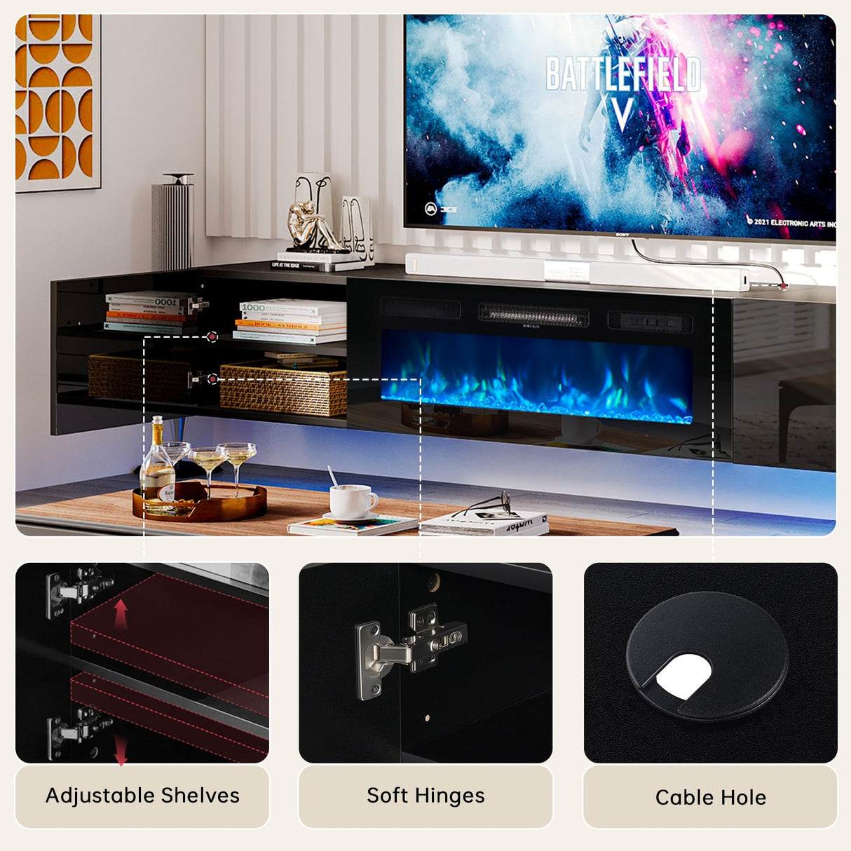 oneinmil 70" Floating TV Stand with 36" Electric Fireplace, Wall Mounted Fireplace Entertainment Center with Storage, Fire Place TV Console with, All Black oneinmil