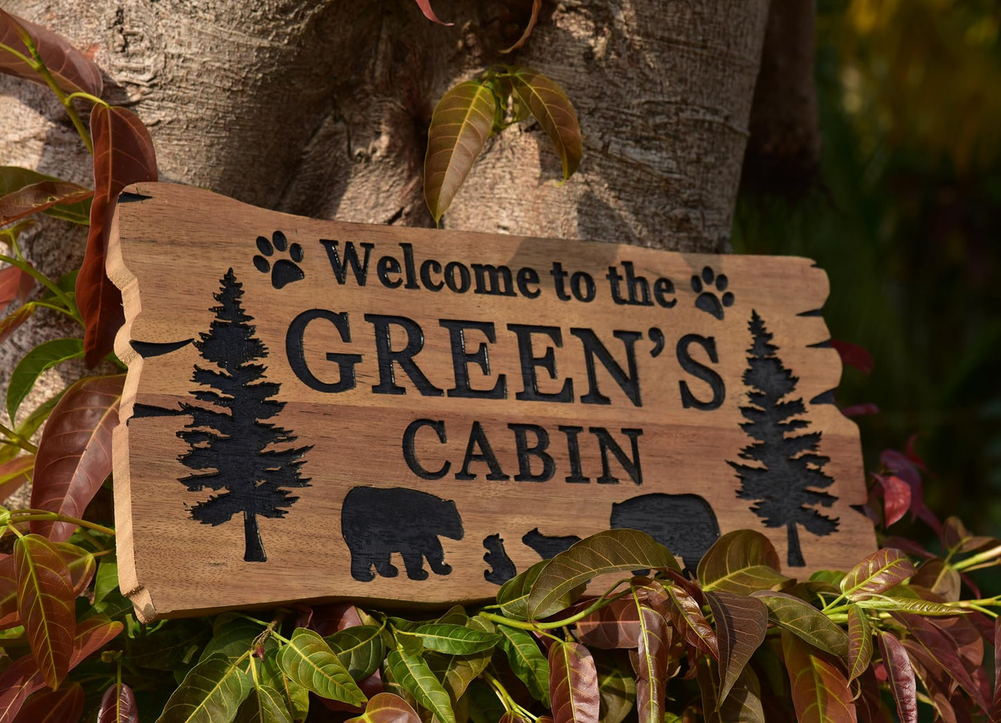 Custom Cabin Sign Custom Wood Sign, Personalized Bear Family In Woods Cabin Signs, Welcome Sign, Large Outdoor Wooden Last Name Sign, Lake House - WoodArtSupply