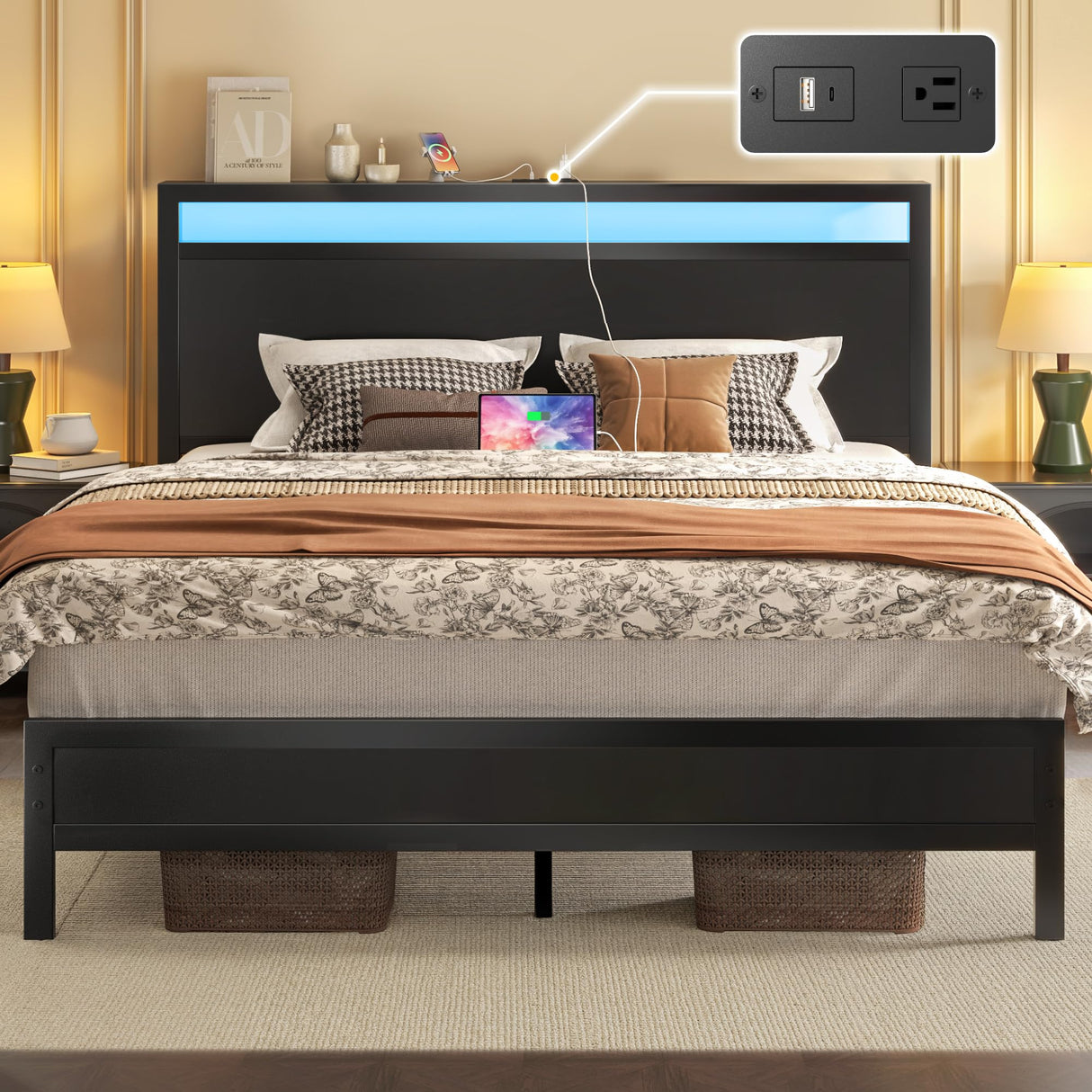Fluest Queen Bed Frame with Headboard & Footboard, Bed Frame with Built-in Charging Station & LED Light, Storage Shelf, Noise-Free, No Box Spring Needed, Easy Assembly, Classic Black Fluest