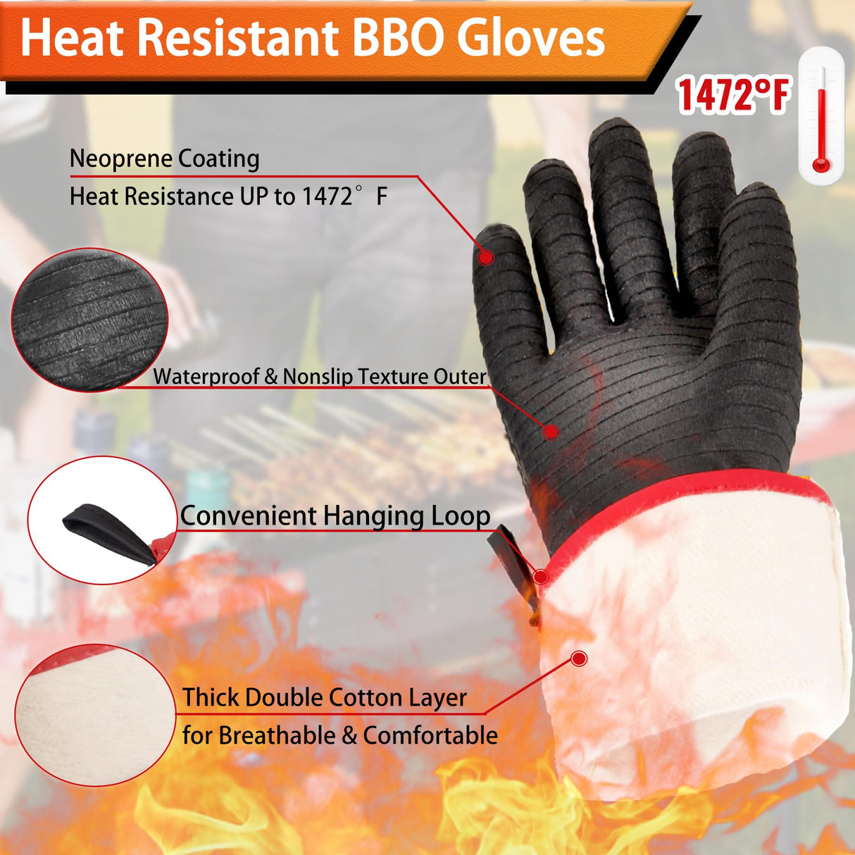 JENPOS BBQ Gloves - 1472°F Thicken Heat Resistant Gloves w/S-Hook 14 in Kitchen Oven Mitts Waterproof Grill Gloves Oil Resistant Grilling Gloves Cooking Gloves for Turkey Fryer/Baking/Oven/Smoker Jenpos