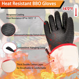 JENPOS BBQ Gloves - 1472°F Thicken Heat Resistant Gloves w/S-Hook 14 in Kitchen Oven Mitts Waterproof Grill Gloves Oil Resistant Grilling Gloves Cooking Gloves for Turkey Fryer/Baking/Oven/Smoker Jenpos