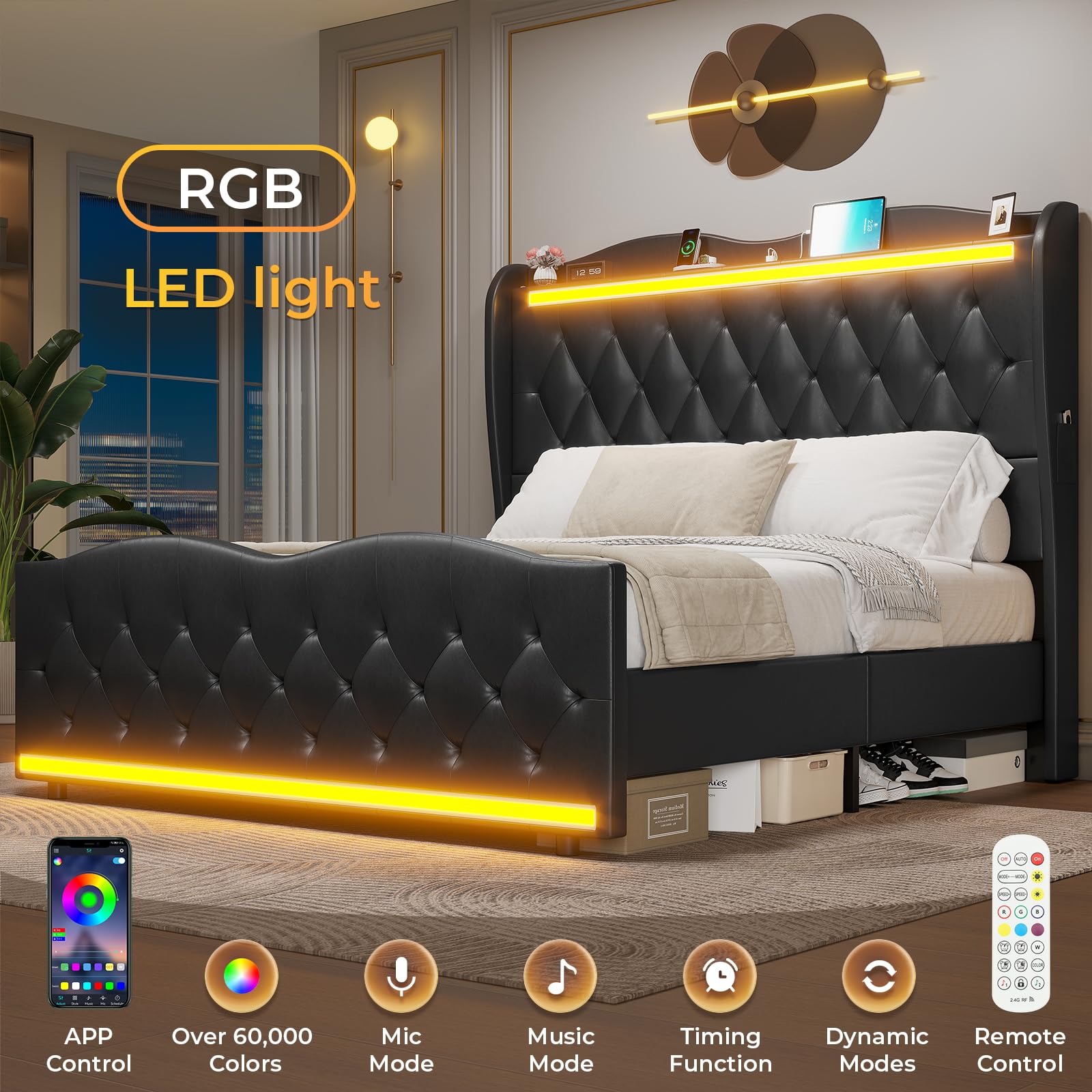 Elegant ADORNEVE Queen Size LED Bed Frame with Tall Wingback Headboard, Footboard, and Charging Station in Black PU Leather - WoodArtSupply