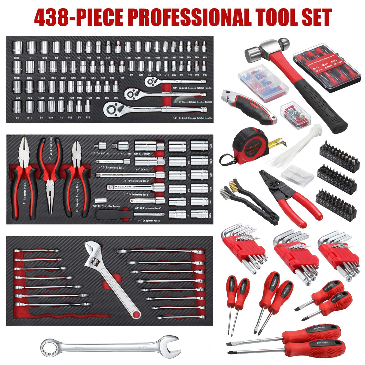 ARUCMIN 438-Piece Mechanics Tool Set with 3-Drawer Heavy Duty Metal Box Repair Tool Kit ARUCMIN