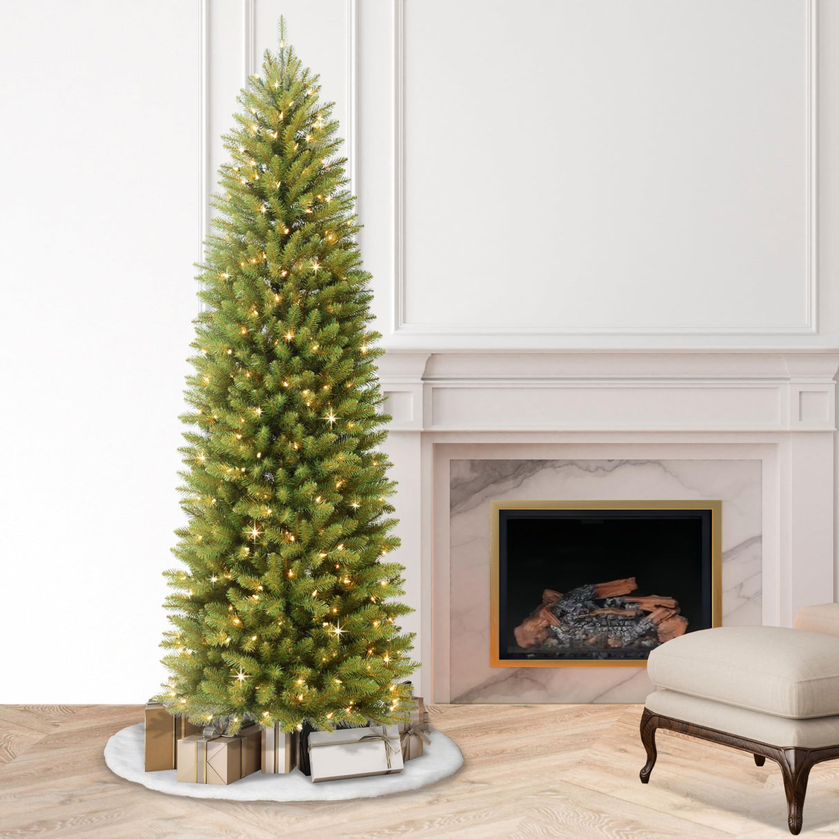 Puleo International 7.5 Foot Pre-Lit Fraser Fir Pencil Artificial Christmas Tree with 350 UL Listed Clear Lights, Green, 32 x 32 x 90 inches Puleo International