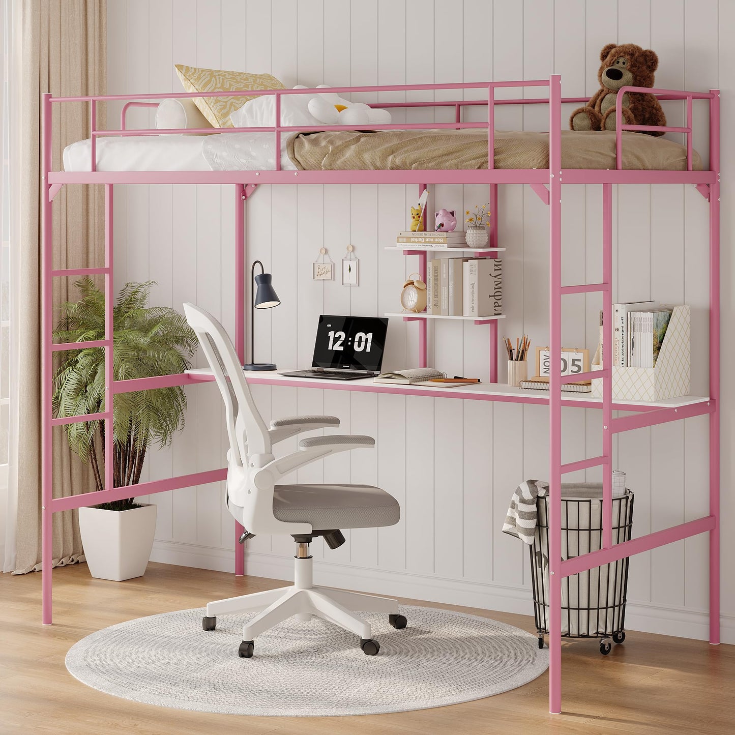 MOOITZ Twin Size Loft Bed with Desk, Multifunctional Metal Loft Bed Frame with Ladder and Full Guardrail, Space-Saving, Noise Free, Modern Industrial Style, (Pink, Twin Size Loft Bed with Desk)