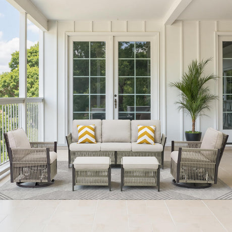 5 Pieces Patio Furniture Sets, Outdoor Modular Sectional with Sofa, 2 Swivel Glider Chairs & 2 Ottomans, All-Weather Rattan Conversation Seating Group for Backyard, Deck, Porch, Beige PPorfamilia