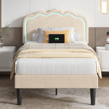 VECELO Upholstered Twin Bed Frame with Headboard Adjustable, LED Lights, USB-A & Type-C, Velvet Platform Bed Noise Free, Mattress Foundation with Wooden Slats, No Box Spring Needed, Beige