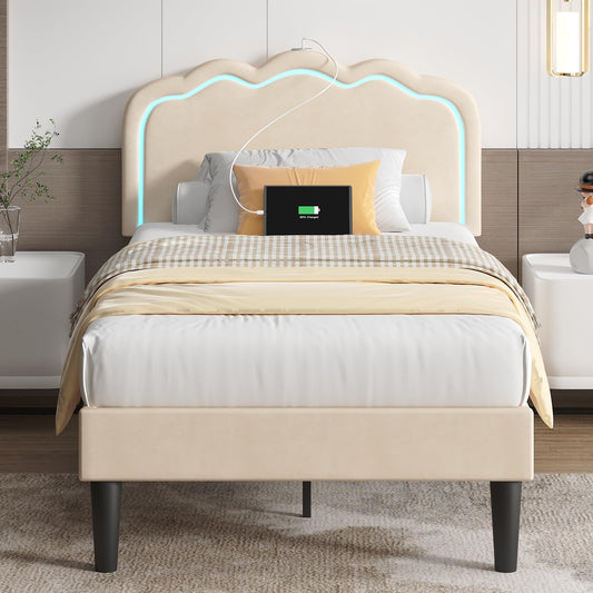 VECELO Adjustable Upholstered Twin Bed Frame with LED Lights, USB Ports, and Velvet Headboard - Beige - WoodArtSupply