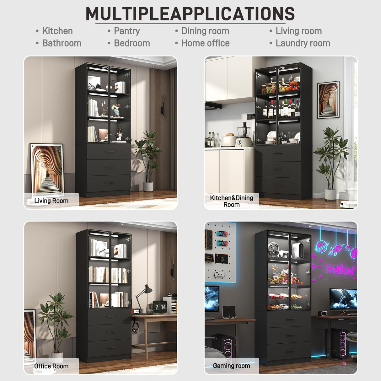 chartustriable 79" Tall Display Cabinet with LED Sensor Light & Pop-up Glass Doors & Drawers, Modern Bookcase Curio Storage Cabinet for Bedroom, Living Room, Office, Black chartustriable