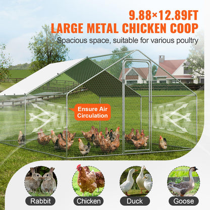 VEVOR Large Metal Chicken Coop, 12.9x9.8x6.5 ft Walk-in Chicken Runs for Yard with Cover, Spire Roof Hen House with Security Lock for Outdoor and Backyard, Farm, Duck Rabbit Cage Poultry Pen