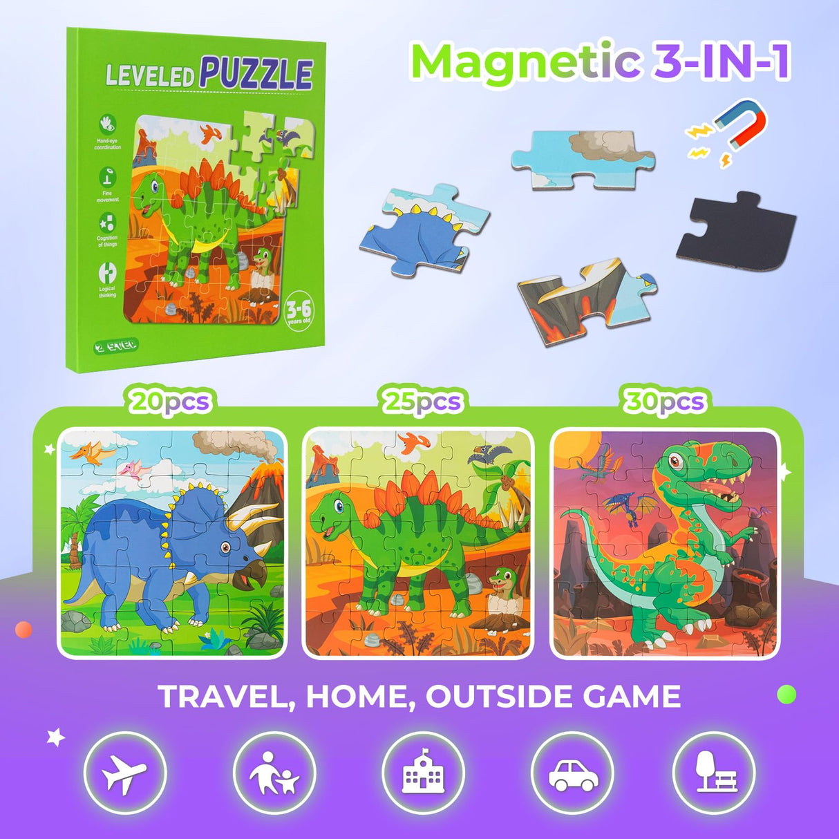 Nattork Magnetic Puzzle Book for Toddlers 3-6 Girls Boys,Travel Puzzles Game for Kids Ages 3-6,Learning Magnet with Fun for 3 4 5 6 Years Old Children Boys Girls Dinosaur Nattork