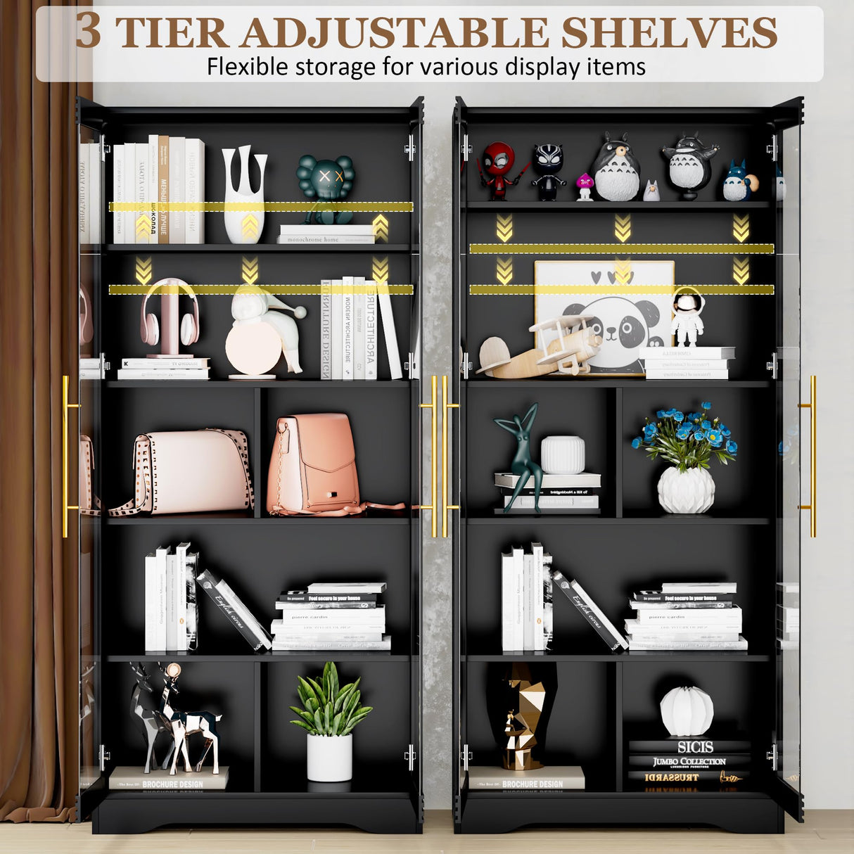 LVSOMT Display Cabinet with Glass Doors, 65" Tall Bookcase with 3 LED Lights/Human Body Sensor, 5 Tier Display Cases for Collectibles, Adjustable Storage Shelves, Home Office, Living Room, Black LVSOMT