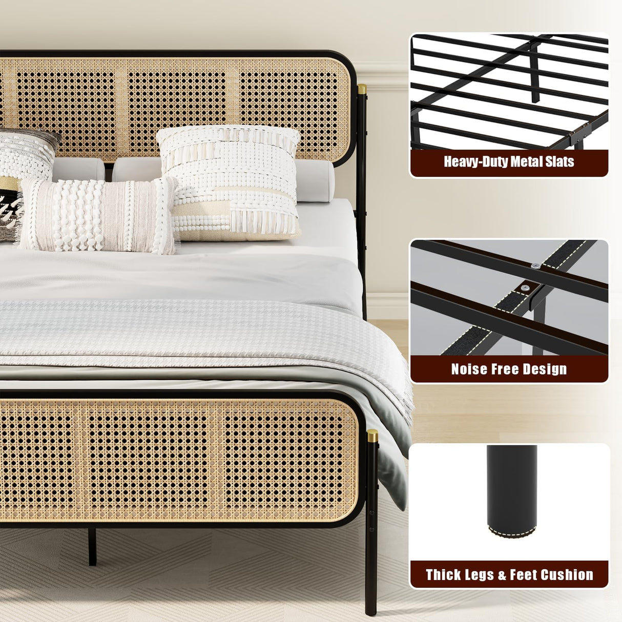 VOPEAK Rattan Bed Frame Queen Size with Headboard, Boho Bed Frame, Queen Bed Frame with Strong Metal Slats Support, Easy Assembly Mattress Foundation, Noise Free, No Box Spring Needed, Black VOPEAK