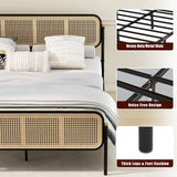 VOPEAK Rattan Bed Frame Queen Size with Headboard, Boho Bed Frame, Queen Bed Frame with Strong Metal Slats Support, Easy Assembly Mattress Foundation, Noise Free, No Box Spring Needed, Black VOPEAK