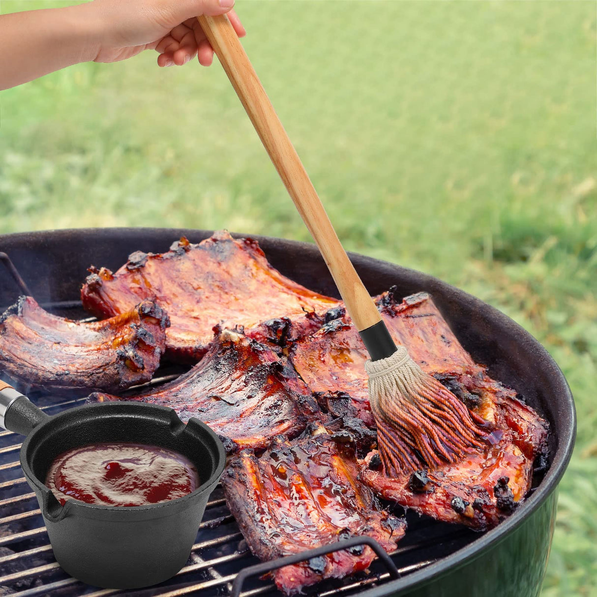 6 Pieces Iron Basting Pot and Brush for Grilling Barbecue Accessories 18 Inches Grill Basting Brush Wooden Long Handle BBQ Mop Brush for Sauce with Extra Replacement Heads and Saucepan for Grilling Nuogo