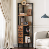 YATINEY Corner Shelf Stand, 5-Tier Corner Bookshelf with 3 Drawers, Industrial Display Shelf for Narrow Spaces, Wooden Small Bookcase, Easy Assembly, Rustic Brown and Black CJ10BR YATINEY