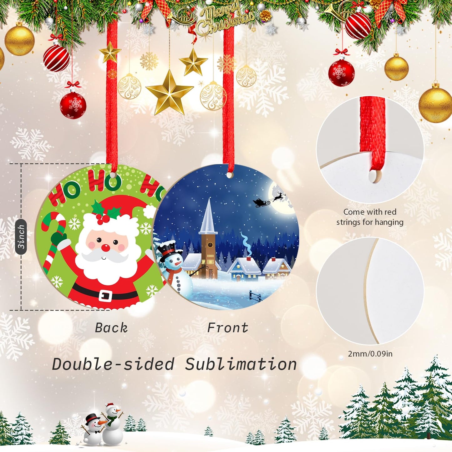 Sublimation Ornament Blanks 16PCS Personalized Christmas Ornaments Set Double-Sided Sublimation Ornaments with Red String, White Round DIY Handmade Crafts for Xmas Tree, Christmas Decorations Indoor