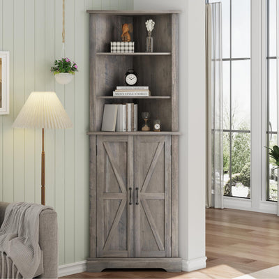 Smuxee Tall Corner Storage Cabinet, Farmhouse Corner Cabinet with Barn Door and Adjustable Shelf, Wash Grey Freestanding Cabinet Organizer for Bathroom, Kitchen, Living Room