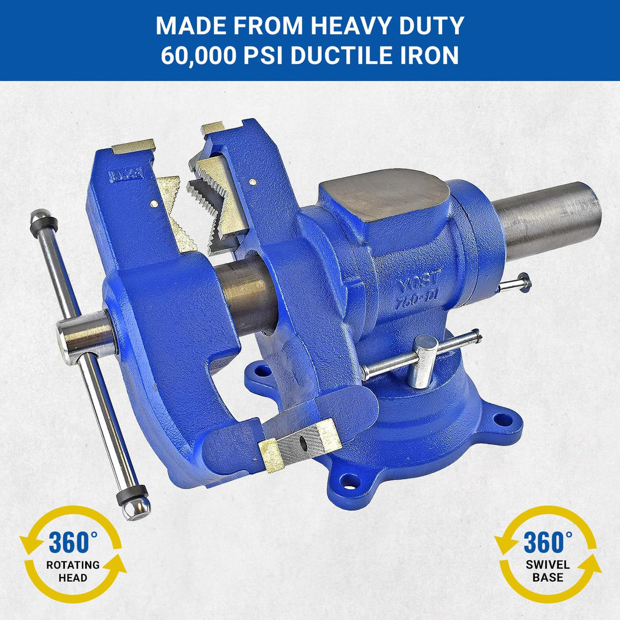 Yost Vises 750-DI Multi-Jaw Rotating Vise System | 2 in 1 Multipurpose Bench and Pipe Vise | Secure Grip with Swivel Base | Made with a Combination of Ductile Iron & Hardened Steel | Large, Blue Yost Tools