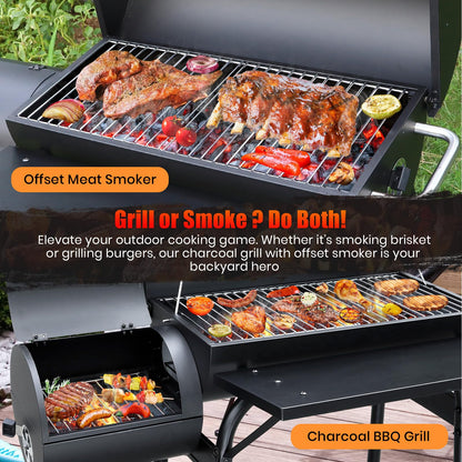 SUNLIFER Charcoal Grill Offset Smoker: Charcoal Barbecue Grills with Spacious Cooking Area | Barrel BBQ Grill and Smokers Combo for Outdoor Patio Backyard Camping and Parties