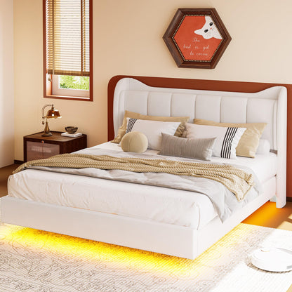 LIKIMIO Cream Floating King Bed Frame with Cat Ear Headboard & LED Lights - WoodArtSupply