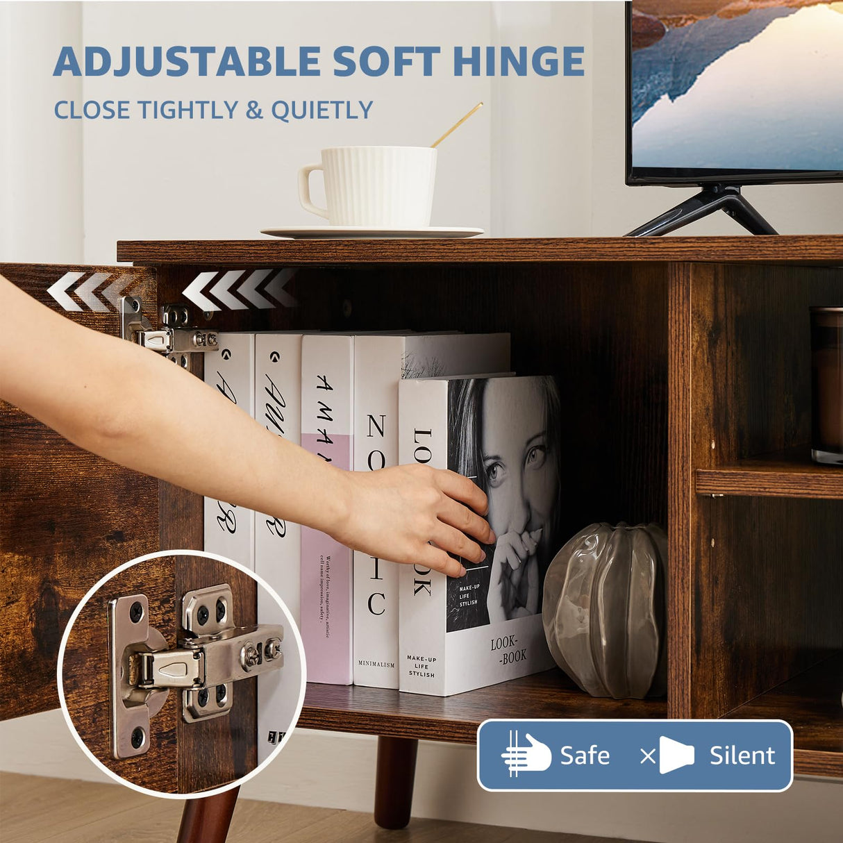 DUMOS TV Stand for 55 60 inch TV, Entertainment Center with Storage Cabinet, Mid Century Modern Media Console Table, Adjustable Hinge, Wooden Television Furniture for Living Room, Office - Brown DUMOS