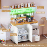 DWVO Farmhouse Bakers Rack with Power Outlet and LED Light, 53 inch Coffee Bar Cabinet Station with Storage, Microwave Stand on Wheels, with Wine Racks, Shelves, Goblet Holder and 14-S Hooks (White) DWVO