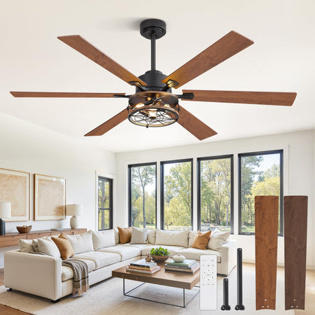 Glowivia 60 Inch Farmhouse Ceiling Fans with Lights and Remote,Black Industrial Caged Plug in Ceiling Fan with 6 Speeds and Reversible DC Motor,Double-Sided 6 Blades for Bedroom Living Room Garage Glowivia