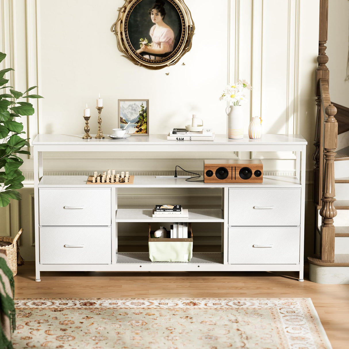 Huuger TV Stand Dresser with Power Outlets and LED Lights, 4 Drawers Entertainment Center with Shelves, 54 Inch Media Console for 55 60 Inch TV, 4 AC Outlets, 2 USBs, Dresser with PU Finish, White Huuger