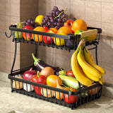 Sevenblue 2 Tier Fruit Basket for Kitchen Counter with 2 Banana Hangers, 2025 Pro Detachable Metal Fruit Bowl with Wooden Handle,Fruit Holder for Bread Snack Veggies, Black Sevenblue