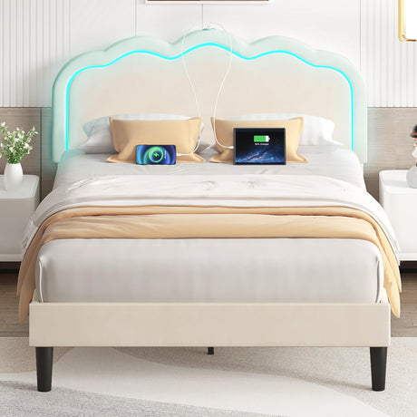 VECELO Upholstered Queen Size Bed Frame with Headboard Adjustable, LED Lights, USB-A & Type-C, Velvet Platform Bed Noise Free, Mattress Foundation with Wooden Slats, No Box Spring Needed, Beige VECELO
