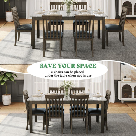 AMERLIFE 7-Piece Dining Table Set, 71" Faux Marble Modern Table with 6 PU Leather Upholstered Chairs, Heavy-Duty Solid Wood Set for Kitchen & Dining Room, Dark Brown AMERLIFE