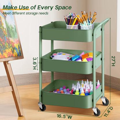 AOODA 3 Tier Under Desk Rolling Cart with Handle and Lockable Wheels, 27'' Height Small Metal Book Cart Mobile Art Cart Rolling Storage Organizer for Office, Kitchen, Bathroom (Aqua Green) - WoodArtSupply