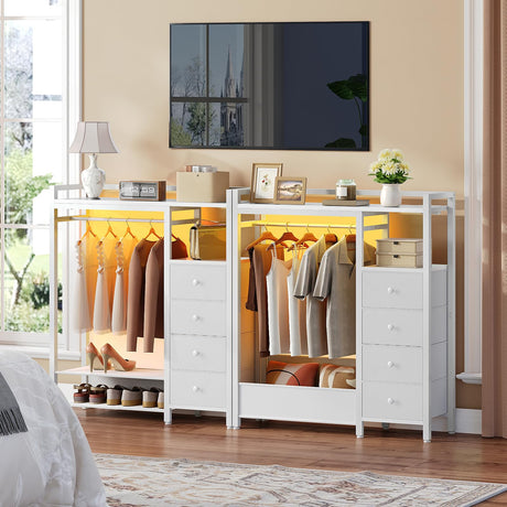 YATINEY Bedroom Dresser with Clothes Rack, 4 Drawer Dresser with Charging Station and LED Light, Chest of Drawers for Bedroom, Closet Organizer with Hanging Rack and 2-Tier Shoe Rack, White YATINEY