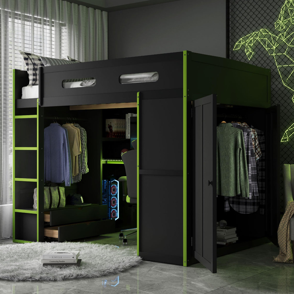 SOFTSEA Full Size Gaming Loft Bed with Desk, Wood Loft Bunk Bed with Wardrobe, Drawers, LED Light & USB Ports, Full Gaming Bed with Desk Underneath and Storage, Green & Black SOFTSEA