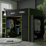 SOFTSEA Full Size Gaming Loft Bed with Desk, Wood Loft Bunk Bed with Wardrobe, Drawers, LED Light & USB Ports, Full Gaming Bed with Desk Underneath and Storage, Green & Black SOFTSEA