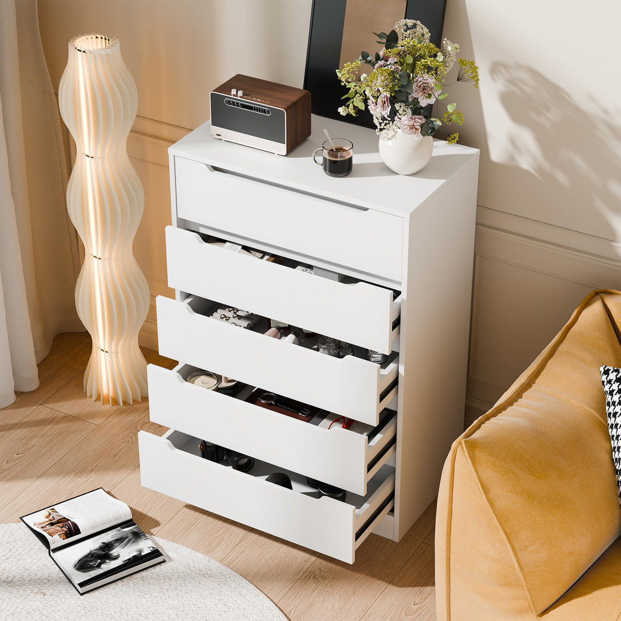 Cozy Castle 5 Drawer Dressers, Modern Chest of Drawers Large Organizer, Wood Accent Storage Cabinet for Living Room, Home Office, Entryway, White Cozy Castle