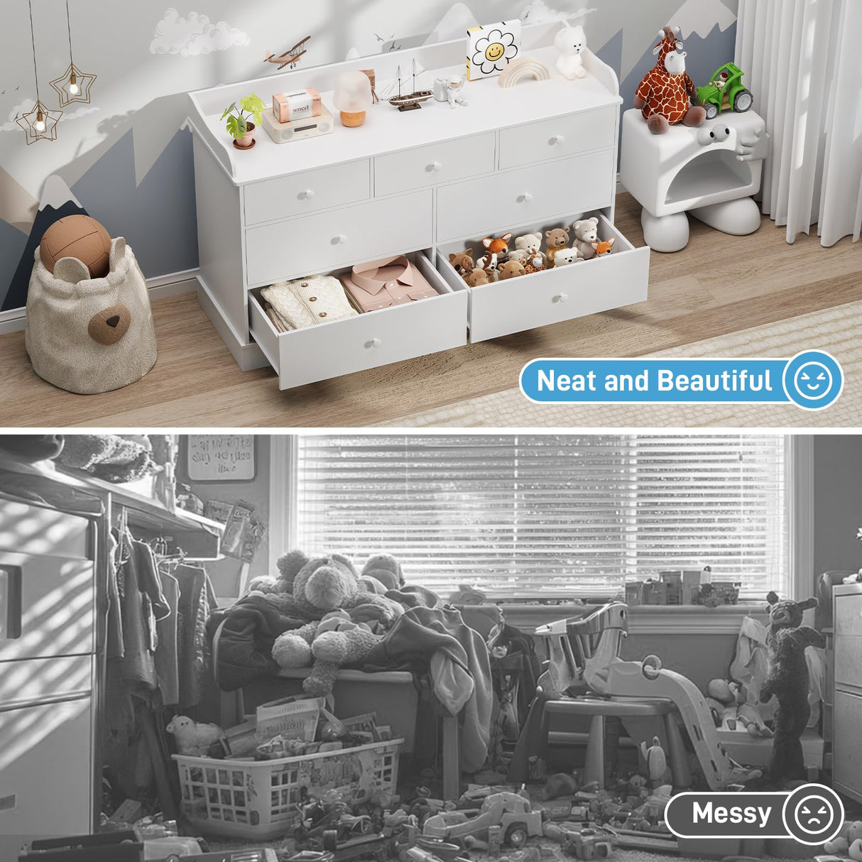 Vabches Kids Dresser Cabinet with 7 Drawers and Large Table Top, Multi-Functional Chest of Drawers, Baby Dresser, Kids Bedroom Furniture, Nightstand for Child’s Room, White Vabches