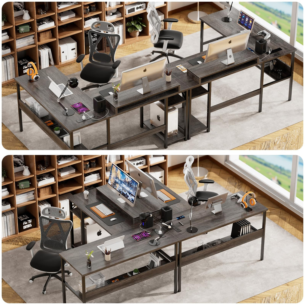 Unikito Reversible L Shaped Desk with Power Outlets and RGB LED Light, Sturdy Computer Desk with Ergonomic Monitor Stand and Storage Shelves, Corner Desk for Home Office, Easy Assembly, Black Oak Unikito