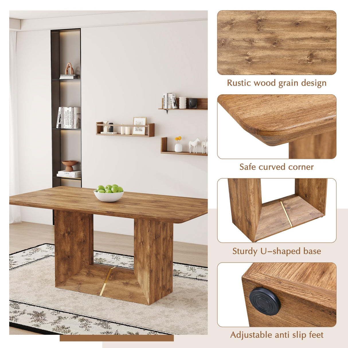 Vohuai 63'' Wood Dining Table Set for 6｜Ideal for Kitchen Dining Room｜Mid Century Modern Dining Room Set｜Farmhouse Kitchen Table Chairs Set｜U-Shaped Base｜Comfortable Suede Chairs｜Easy Assembly Vohuai