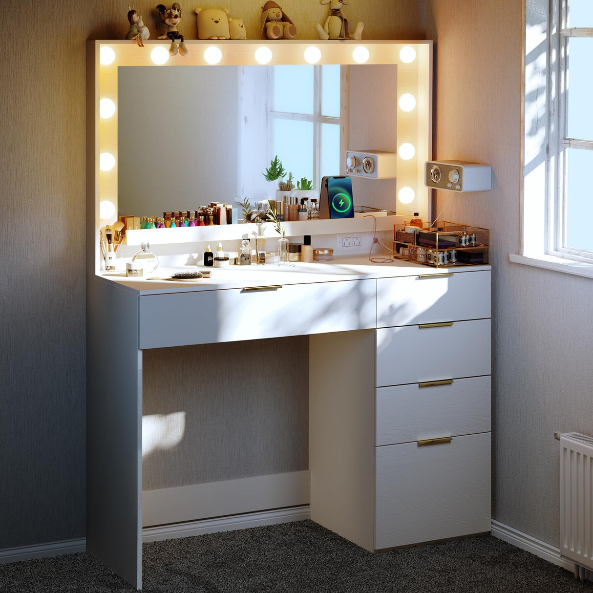 ALEXNUTRE Makeup Vanity Desk with Large Mirror and 13 LED Lights, Vanity Table with Power Outlet & 5 Drawers, 3 Lighting Color Adjustable, Vanity Desk for Bedroom and Dressing Room, White ALEXNUTRE