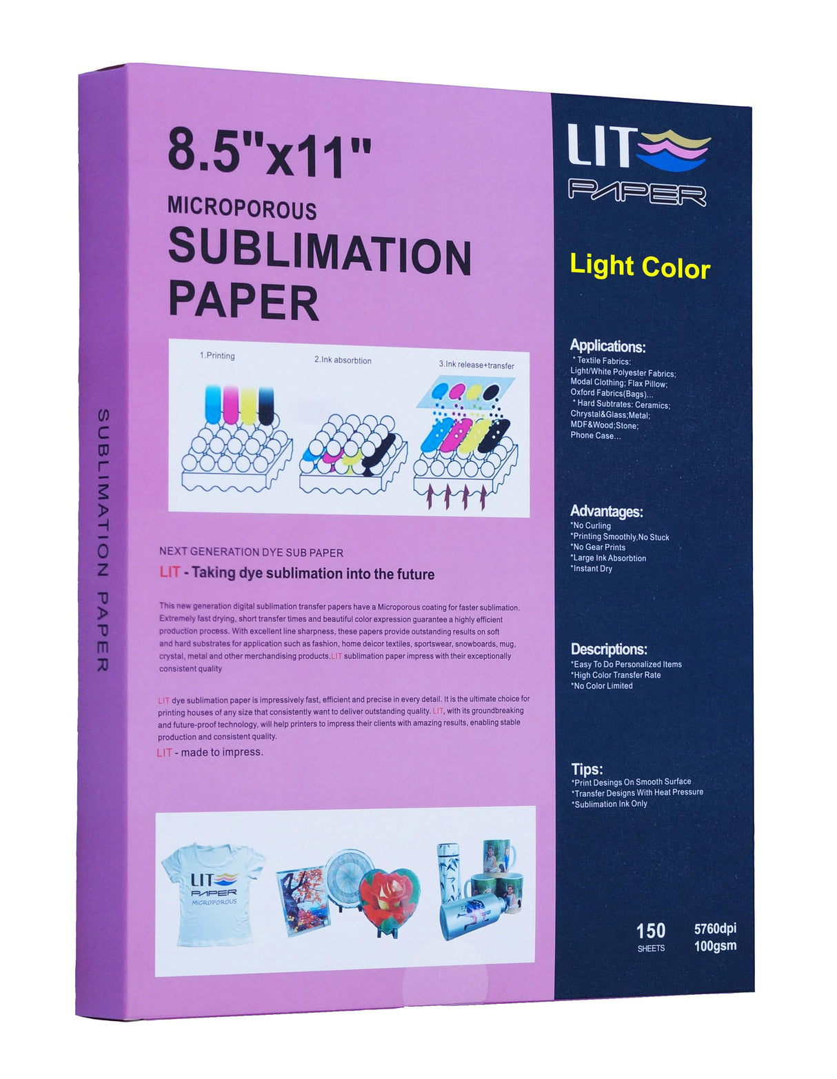 LIT Sublimation Paper 150sheets 8.5x11” 100gsm Letter Size - Heat Press Transfer Paper for Any Epson Sawgrass Ricoh HP Inkjet Printers with Sublimation Ink for Unique Crafts DIY Mugs Tumblers T-Shirts LIT PAPER