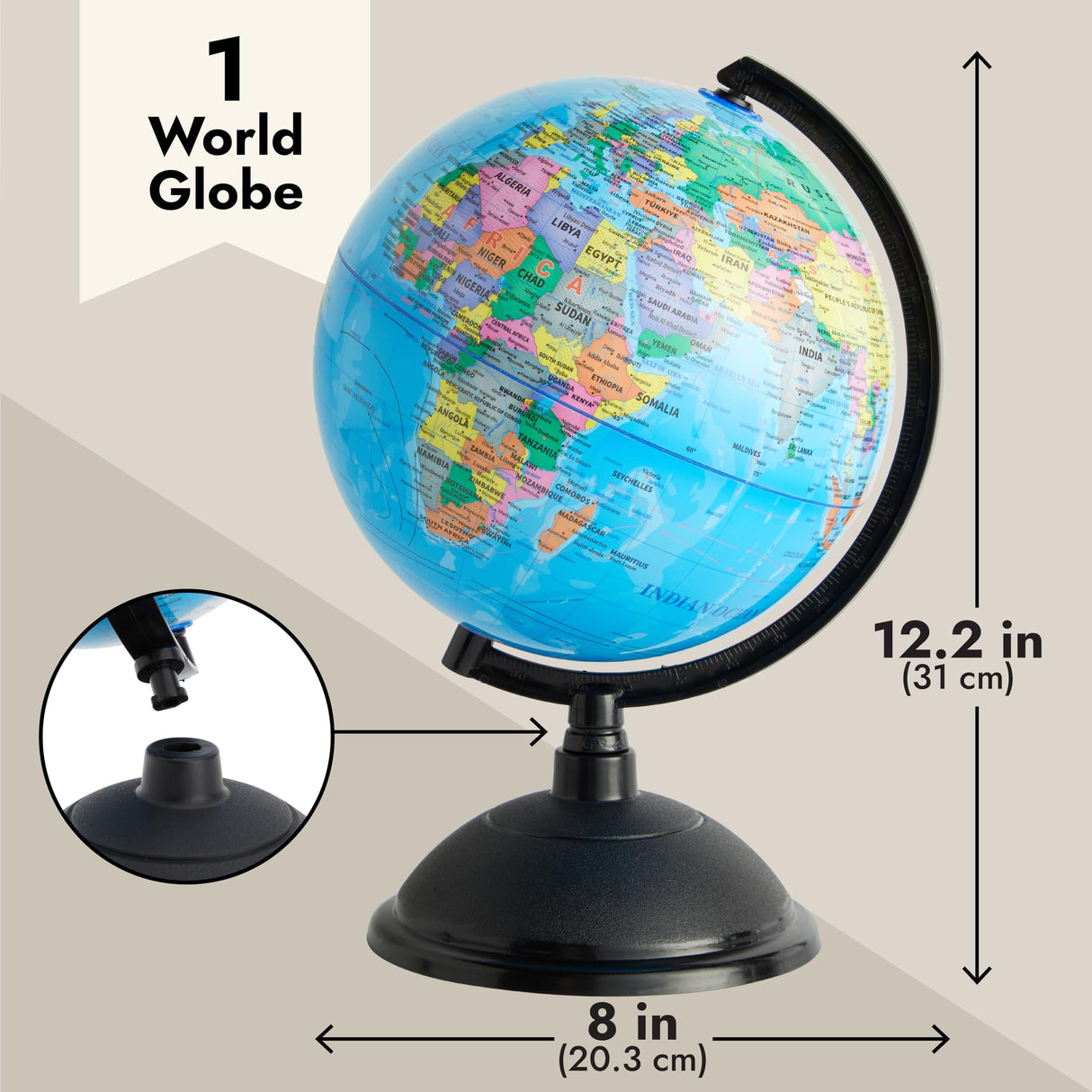 Juvale Rotating World Globe with Stand for Kids Learning, 8-inch Spinning Earth Globe for Classroom Geography Education Juvale