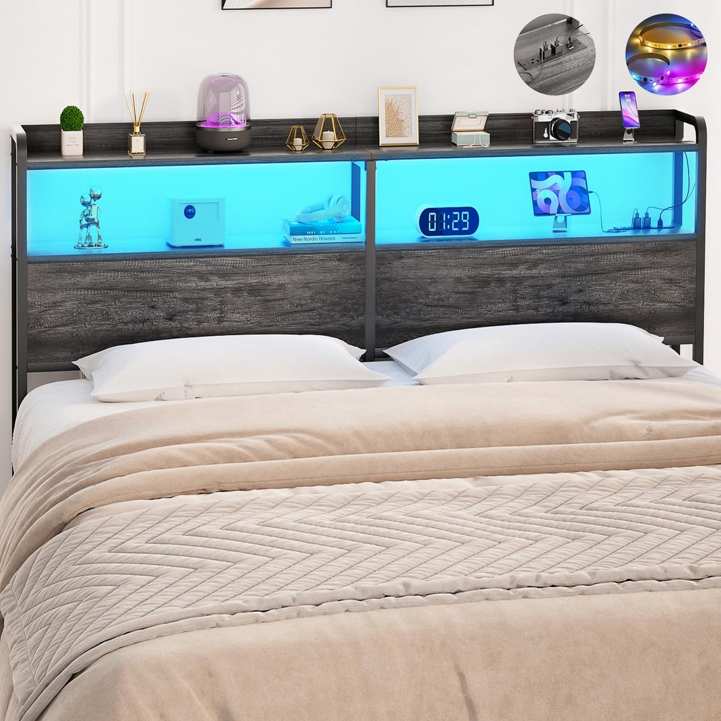 Aheaplus Queen Size Headboard with USB Ports, Outlets, LED Lights & Storage – Adjustable Black Oak Design - WoodArtSupply