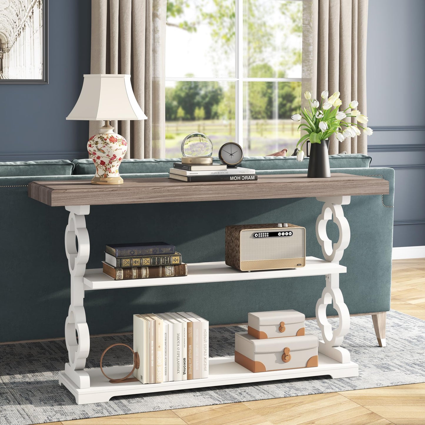 Tribesigns Farmhouse Console Table, 55 inch Rustic Entryway Sofa Table with Storage Shelves, 3 Tier Wood Long Accent Entry Table for Hallway, Entrance, Living Room, Foyer, Grey and White - WoodArtSupply