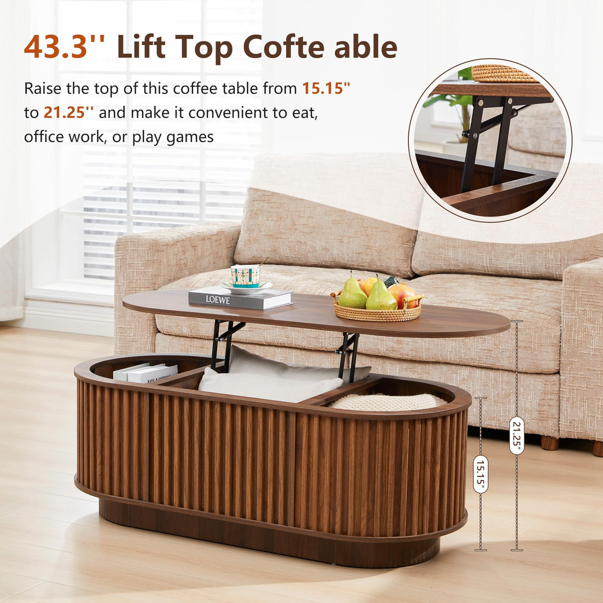 CHILILTDUS Oval Lift Top Coffee Table with Storage, 43.3”Mid Century Modern Center Table with Hidden Compartment, Fluted Wooden Lift Tabletop Dining Tables for Living Room Apartment Home Office,Walnut CHILILTDUS
